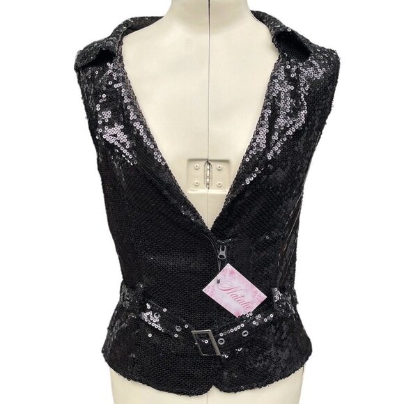 NATALIE DANCE WEAR Sequined Vest w/Lapels & Belt Women's S/Med Black Theater NWT - Picture 1 of 16